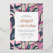 光沢のあるレトロカラフルGroovy抽象芸術結婚の 箔招待状 (正面)