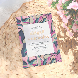 光沢のあるレトロカラフルGroovy抽象芸術結婚の 箔招待状