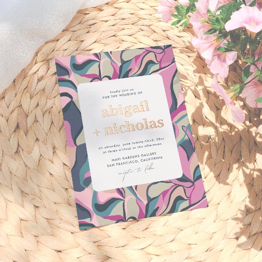 光沢のあるレトロカラフルGroovy抽象芸術結婚の 箔招待状