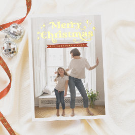 光沢のあるレトロタイポグラフィGroovyクリスマスフォト 箔シーズンカード