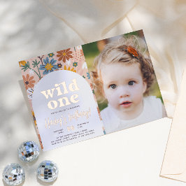 光沢のあるワイルドワンレトロ写真1st誕生日パーティー 箔招待状