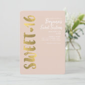 光沢のある偽の金箔ベージュのスイート16 シックスティーン パーティー 招待状 (スタンド正面)