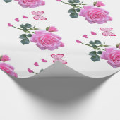 光沢のある包装紙、ピンクのバラの花の蝶 ラッピングペーパー (角)