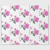 光沢のある包装紙、ピンクのバラの花の蝶 ラッピングペーパー (フラット)