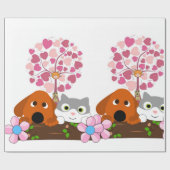 光沢のある包装紙、猫 犬 花柄 ラッピングペーパー (フラット)