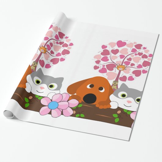 光沢のある包装紙、猫 犬 花柄 ラッピングペーパー (アンロールド)