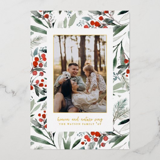 光沢のある天国と自然のクリスマスフォトを歌う 箔シーズンカード (正面)