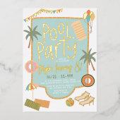 光沢のある手描き夏のおもしろいプールパーティー誕生日 箔招待状 (正面)