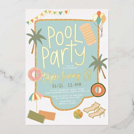 光沢のある手描き夏のおもしろいプールパーティー誕生日 箔招待状 (正面)