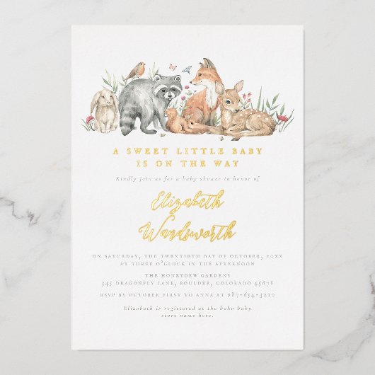 光沢のある森林動物のヴィンテージ赤ちゃんシャワー 箔招待状 (正面)
