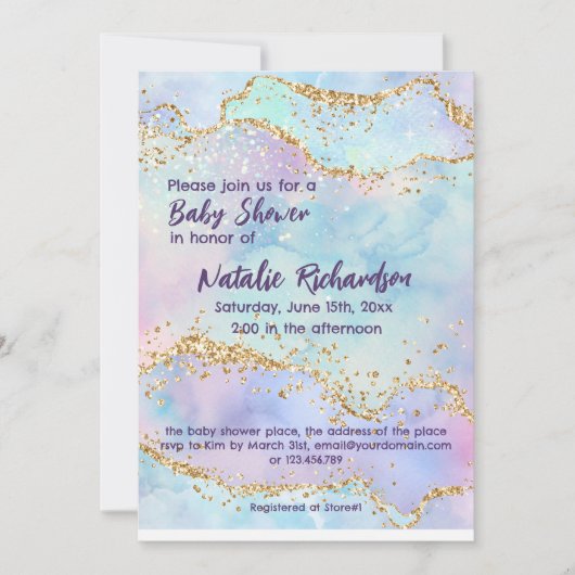 光沢のある水の色グリッター紫の女の子赤ちゃんシャワー 招待状 (正面)