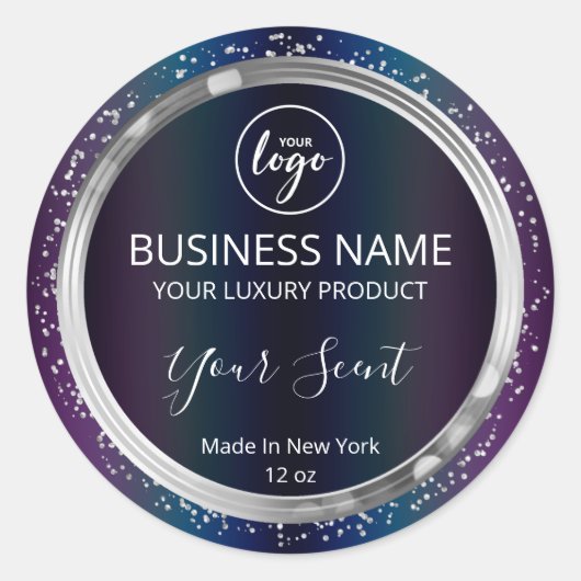 光沢のある油スリック銀グリッター製品ラベル ラウンドシール (正面)