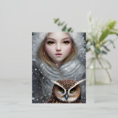 光沢のある滑らかなガラスのルックガールとフクロウ 箔シーズンポストカード (立ち正面)