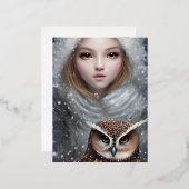 光沢のある滑らかなガラスのルックガールとフクロウ 箔シーズンポストカード (正面/裏面)