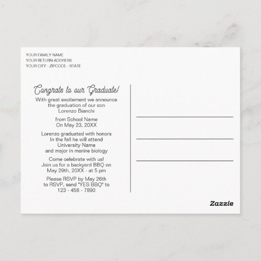 光沢のある濃い青の緑の卒業発表 ポストカード (裏面)