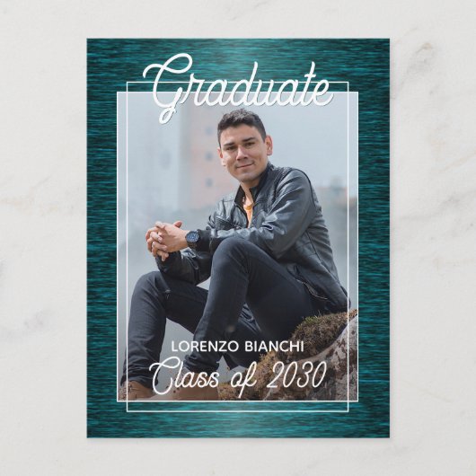 光沢のある濃い青の緑の卒業発表 ポストカード (正面)