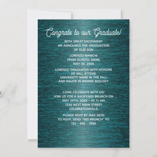光沢のある濃い青の緑の卒業 案内状 (裏面)