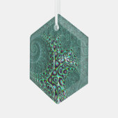 光沢のある濡れたティール(緑がかった色)斑点タコ素晴らしフラクタルアート ガラスオーナメント (正面左)