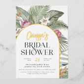 光沢のある熱帯フローラアーチモダンブライダルシャワー 箔招待状 (正面)