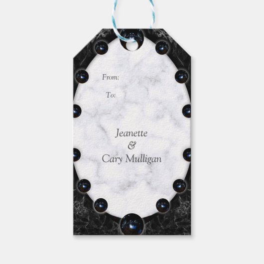 光沢のある白と黒の大理石球 ギフトタグ (正面)
