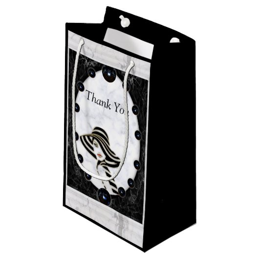 光沢のある白と黒の大理石球 スモールペーパーバッグ (正面アングル)