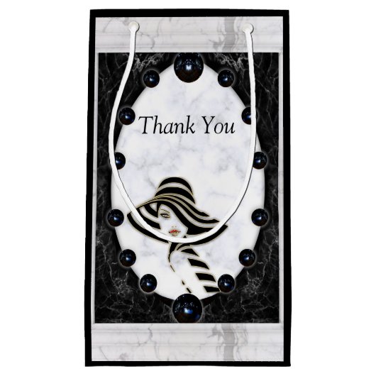 光沢のある白と黒の大理石球 スモールペーパーバッグ (正面)