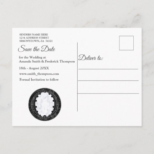 光沢のある白と黒の大理石+球 案内ポストカード (裏面)