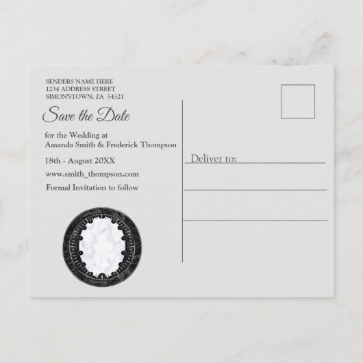 光沢のある白と黒の大理石+球 案内ポストカード (裏面)