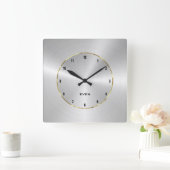 光沢のある磨き上げられた金属銀と金ゴールド円 スクエア壁時計 (ホーム)