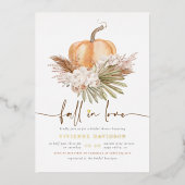 光沢のある秋インラブパンパ&パンプキンブライダルシャワー 箔招待状 (正面)