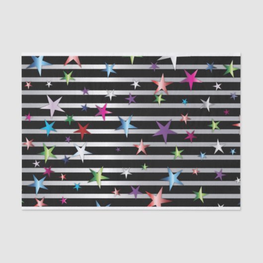 光沢のある紙吹雪が黒と銀の星に輝ストライプく 薄葉紙 (正面)