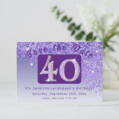 光沢のある紫のグリッター40歳の誕生日 セーブザデート (スタンド正面)