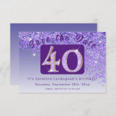 光沢のある紫のグリッター40歳の誕生日 セーブザデート (正面/裏面)
