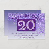 光沢のある紫のグリッター(20誕生日) セーブザデート (正面/裏面)