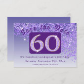 光沢のある紫のグリッター(60誕生日) セーブザデート (正面/裏面)