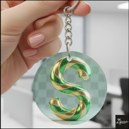 光沢のある緑と金のグリッターのストライプの文字S キーホルダー