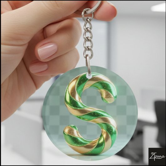 光沢のある緑と金のグリッターのストライプの文字S キーホルダー