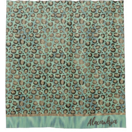 光沢のある緑に輝くヒョウのプリント シャワーカーテン