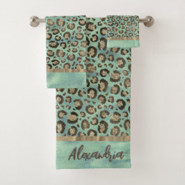光沢のある緑に輝くヒョウのプリント バスタオルセット