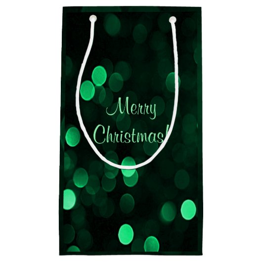 光沢のある緑のクリスマスライト《写真》ぼけ味メリークリスマス スモールペーパーバッグ (正面)