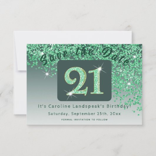 光沢のある緑のグリッター(21歳の誕生日) セーブザデート (正面)
