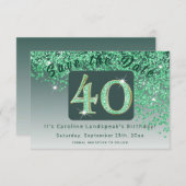 光沢のある緑のグリッター(40歳の誕生日) セーブザデート (正面/裏面)