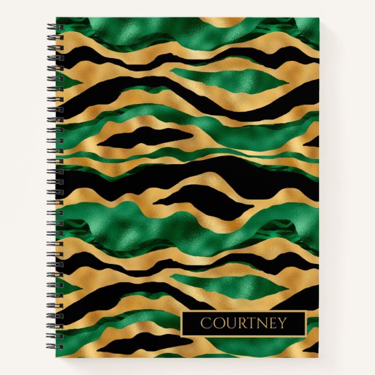 光沢のある緑の金ゴールドとブラックタイガーストライプモノグラム ノートブック (正面)