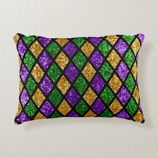 光沢のある緑、紫、金色のキラキラ輝くパレット アクセントクッション (正面)