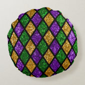 光沢のある緑、紫、金色のキラキラ輝くパレット ラウンドクッション (裏面)