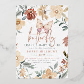 光沢のある蝶のキス&ウィッシュガールベビーシャワー 箔招待状 (正面)