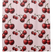 光沢のある赤いさくらんぼピンクレトログラム シャワーカーテン (正面)