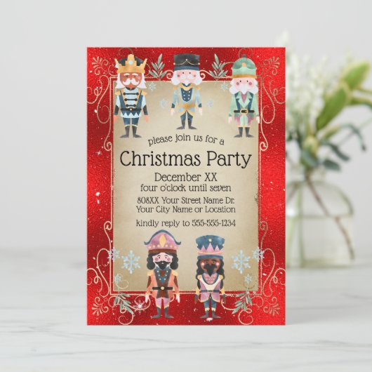 光沢のある赤いクリスマス・くるみ割り人形の玩具兵士 招待状 (スタンド正面)