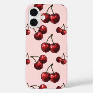 光沢のある赤いチェリー ピンク レトロ iPhone 16ケース