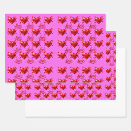 光沢のある赤いハートとLoveの文字 ロマンティックピンク包装紙 ラッピングペーパーシート
